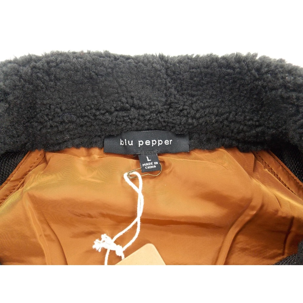 Blu Pepper Fleece Jacket Women L Black NWT Teddy Sherpa Snap Front Contrast Trim - Picture 3 of 4